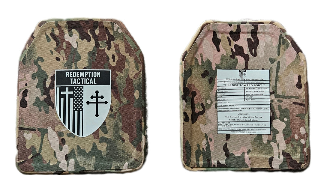 Pair of 10x12 Level IV Ceramic PE Plates Ballistic FRONT AND BACK (SIZE SMALL to LARGE) Curved with Shooters Cut