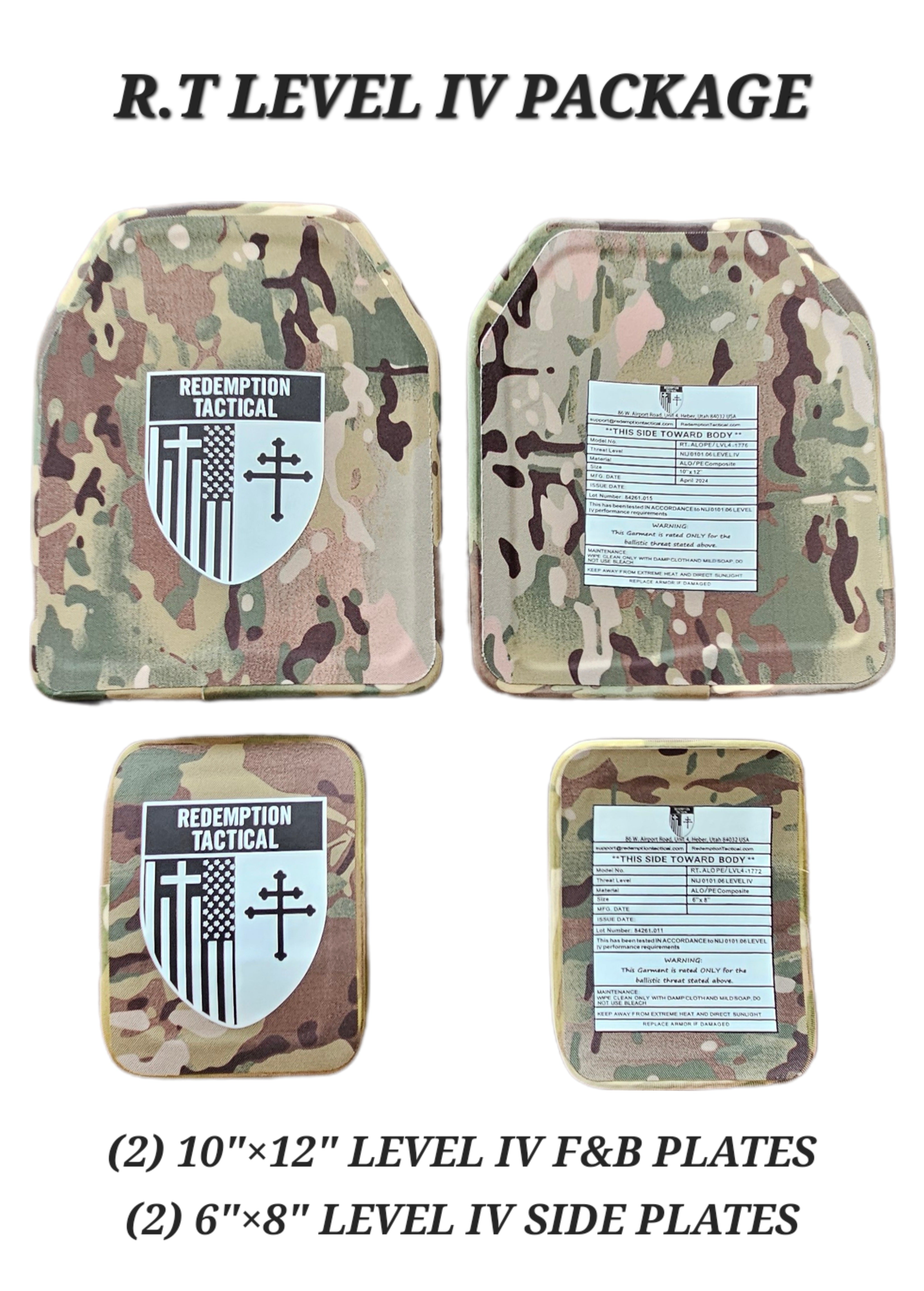 Redemption Tactical CRUSADER 2.0® V4 ARMOR FULL KIT COMBO PACKAGE LIGHTWEIGHT LEVEL IV  (2) 10x12 Front/Back Plates (2) 6x8 Side Plates (Level IV)